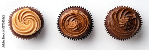 Trio of chocolate cupcakes with swirled frosting on white background