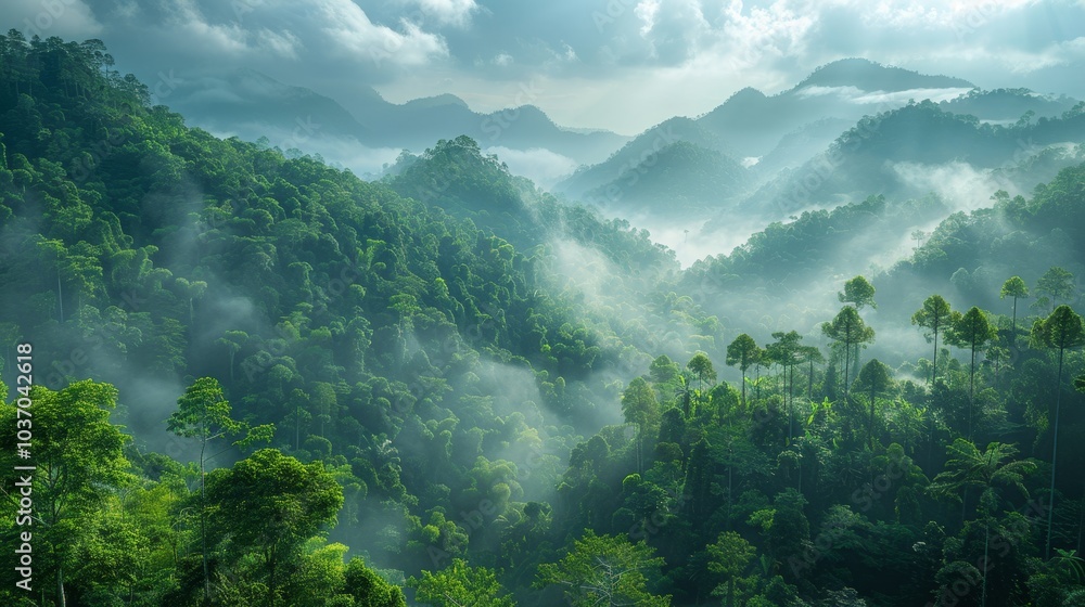 Dense jungle hills covered in mist at dawn Dense jungle hills covered in mist at dawn