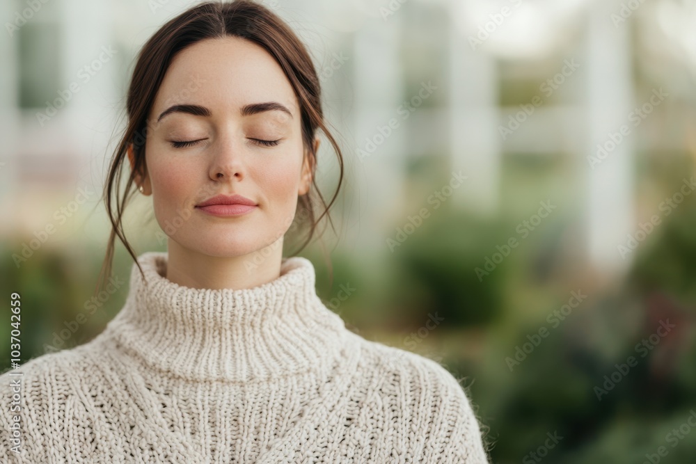 Woman enjoying a peaceful moment with eyes closed wearing a cozy sweater outdoors Woman enjoying a peaceful moment with eyes closed wearing a cozy sweater outdoors