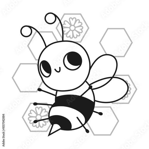 The image you've uploaded appears to be a cute black-and-white cartoon of a bee. The bee has a large, round head with big, cheerful eyes and a simple smile, giving it an adorable, friendly expression.