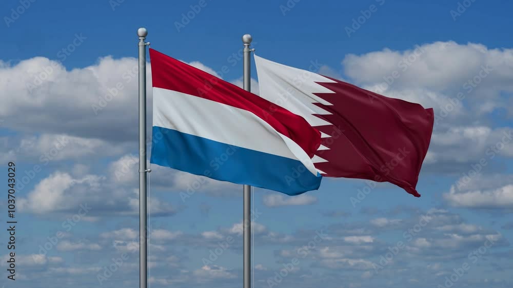 Qatar and Luxembourg flags flying together, video concept of the relationship, two country cooperation concept Qatar and Luxembourg flags flying together, video concept of the relationship, two country cooperation concept