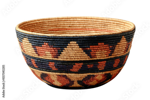 Colorful woven basket with intricate patterns, isolated on a white background.