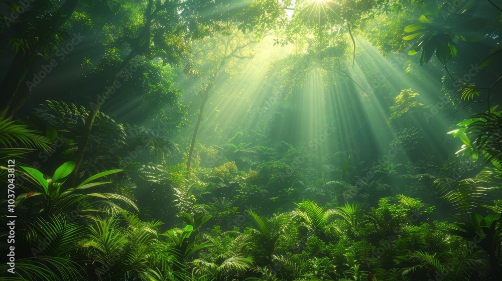Obraz premium Sun rays streaming through dense jungle canopy