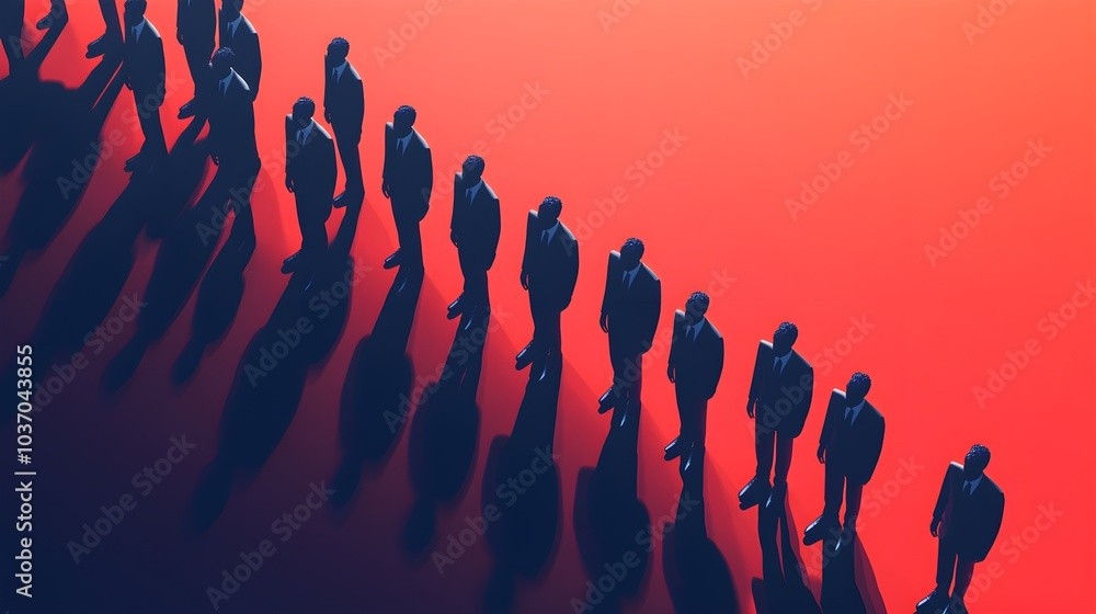 Silhouettes of Businessmen in a Line on a Red Background Silhouettes of Businessmen in a Line on a Red Background