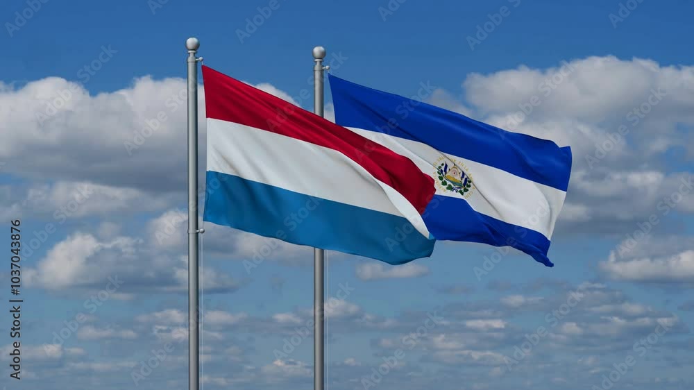 Republic of El Salvador and Luxembourg flags flying together, video concept of the relationship, two country cooperation concept Republic of El Salvador and Luxembourg flags flying together, video concept of the relationship, two country cooperation concept
