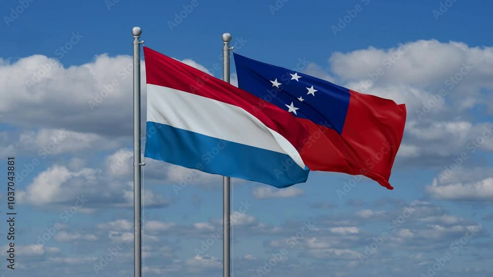 Samoa and Luxembourg flags flying together, video concept of the relationship, two country cooperation concept Samoa and Luxembourg flags flying together, video concept of the relationship, two country cooperation concept