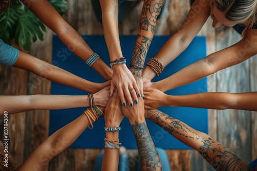 High angle view of a group of diverse people standing in a circle with their hands in a pile In the background, a yoga studio 