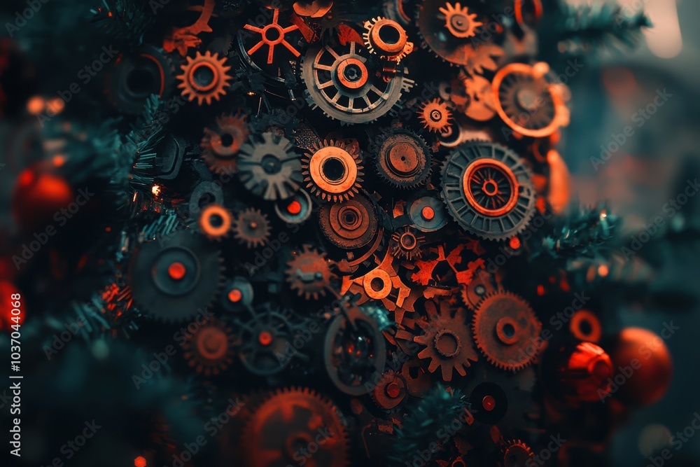 A unique Christmas tree adorned with intricate metal gears and cogs, displaying a creative holiday spirit A unique Christmas tree adorned with intricate metal gears and cogs, displaying a creative holiday spirit