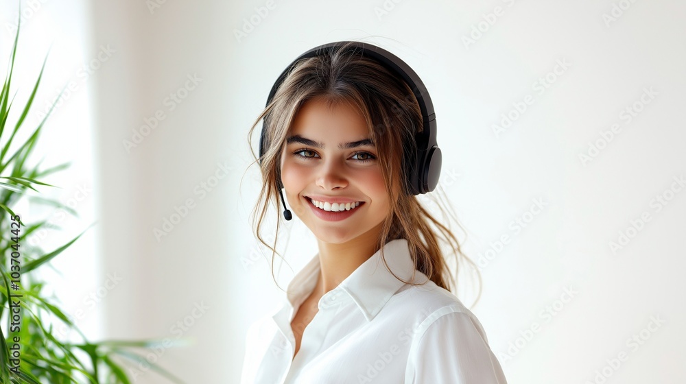 Smiling Woman with Headset Ready to Assist Customers Smiling Woman with Headset Ready to Assist Customers