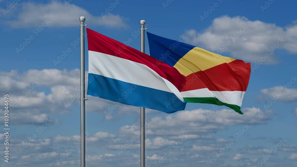 Seychelles and Luxembourg flags flying together, video concept of the relationship, two country relations concept Seychelles and Luxembourg flags flying together, video concept of the relationship, two country relations concept