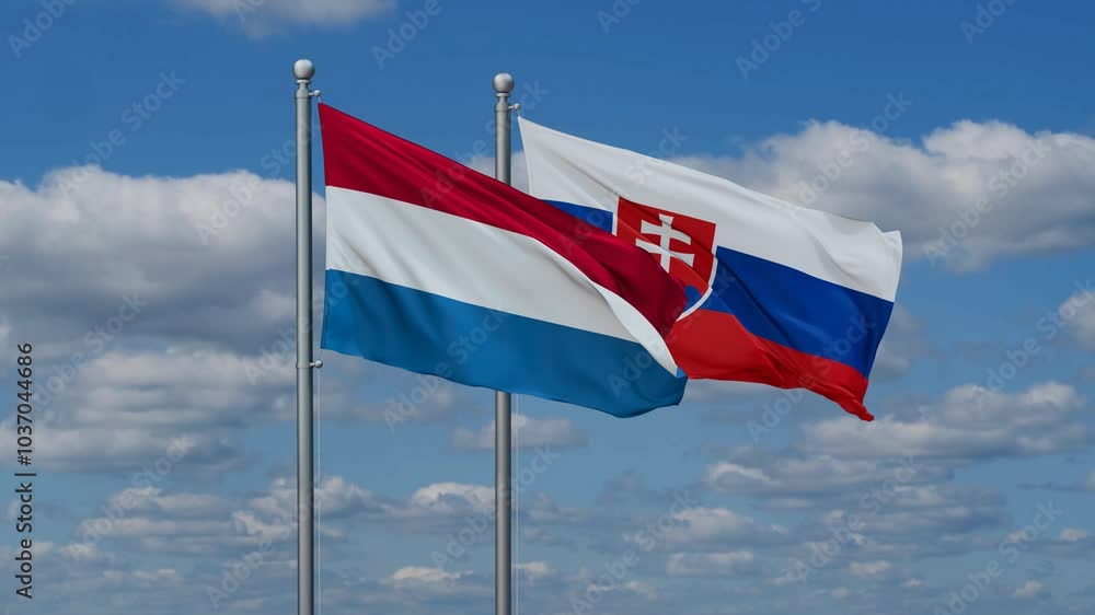 Slovak Republic or Slovakia and Luxembourg flags flying together, video concept of the relationship, two country cooperation concept Slovak Republic or Slovakia and Luxembourg flags flying together, video concept of the relationship, two country cooperation concept