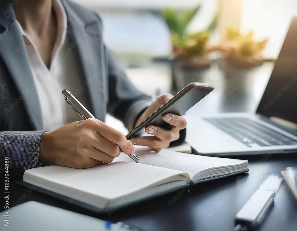 Office tools and gadgets symbolizing an assistant's role, featuring items like a notebook, pen, and smartphone, representing organization, support, and efficiency.