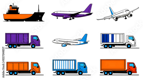 A digital illustration featuring a grid layout with nine sections, each depicting different modes of transportation photo