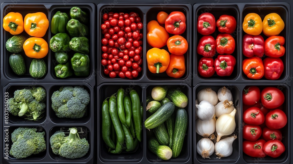 Fresh vegetables arranged in black containers. Includes peppers, cherry tomatoes, broccoli, zucchini, cucumbers, garlic, and red tomatoes. Fresh vegetables arranged in black containers. Includes peppers, cherry tomatoes, broccoli, zucchini, cucumbers, garlic, and red tomatoes.