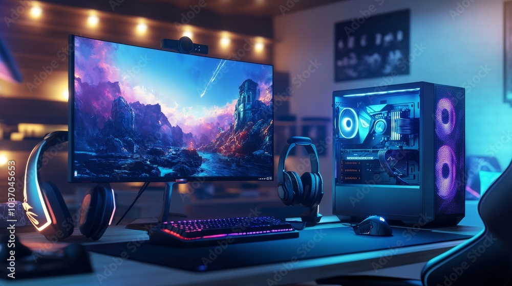 Fototapeta premium 3D-rendered gamer desk environment featuring ambient LEDs, a tower case on display, and customizable lighting.