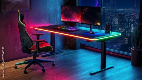 E-sports desk setup with a large desktop monitor, illuminated mouse pad, and a gaming chair in bold colors