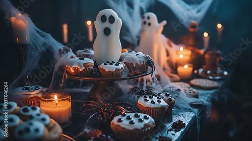 A spooky Halloween party table filled with eerie treats like ghost-shaped cookies, monster cupcakes, and candy eyeballs, set against a dark background with flickering candles and spiderwebs.  photo