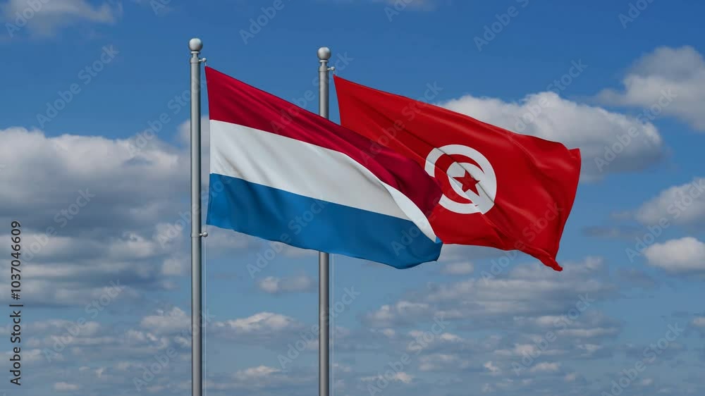Tunisia and Luxembourg flags flying together, video concept of the relationship, two country cooperation concept Tunisia and Luxembourg flags flying together, video concept of the relationship, two country cooperation concept