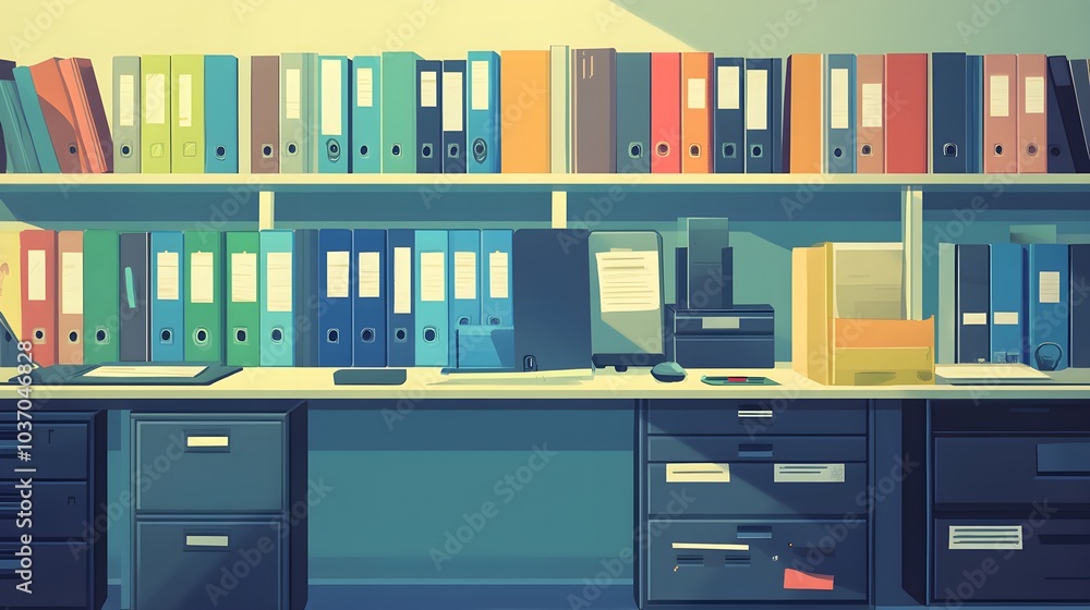 Colorful Office Filing Cabinets and Desk with Documents Colorful Office Filing Cabinets and Desk with Documents