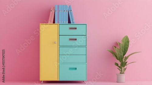 Yellow and Green Cabinet with Pink Wall and Plant