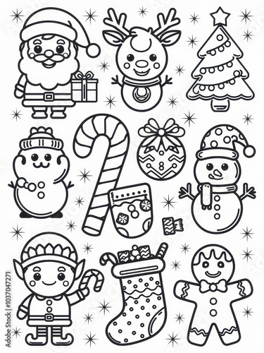 A festive coloring page featuring Santa, a reindeer, snowmen, an elf, a Christmas tree, candy cane, and holiday decorations.