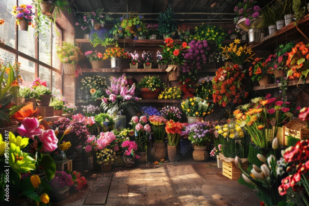 Assorted flowers and plants arranged on a wooden counter inside a rustic flower shop Assorted flowers and plants arranged on a wooden counter inside a rustic flower shop
