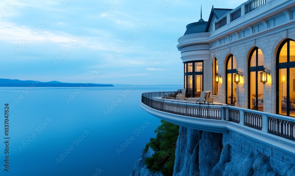 Naklejka premium Luxury mansion on a cliff overlooking the calm sea at dusk