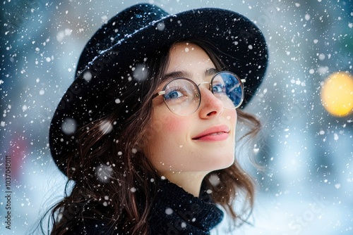 Beautiful young woman wearing glasses is smiling under snowfall