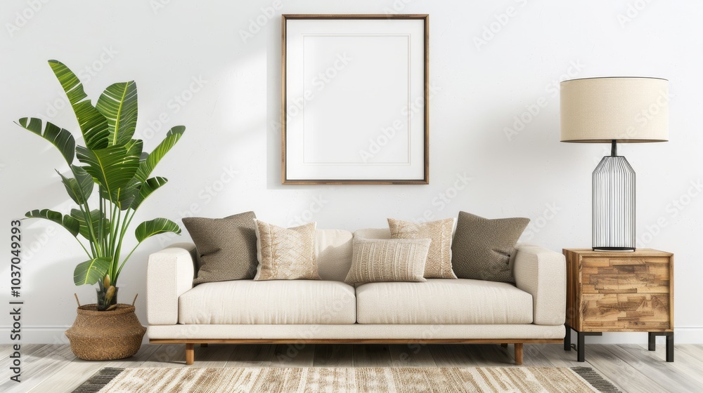 Naklejka premium Serene Retro Modern Living Room with Vintage Wooden Furniture and Mock-up Poster Frame