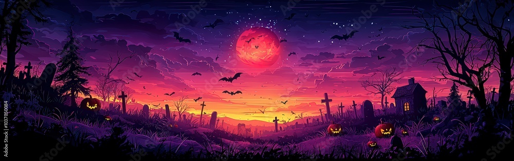 Halloween background with a purple color scheme, featuring pumpkins and bats flying around in the sky, a graveyard Halloween background with a purple color scheme, featuring pumpkins and bats flying around in the sky, a graveyard