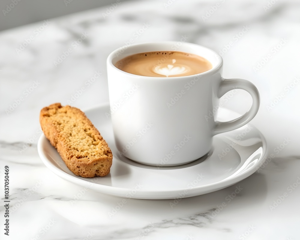 Espresso Cup with Biscotti on Marble Countertop Representing Italian Coffee Break Espresso Cup with Biscotti on Marble Countertop Representing Italian Coffee Break