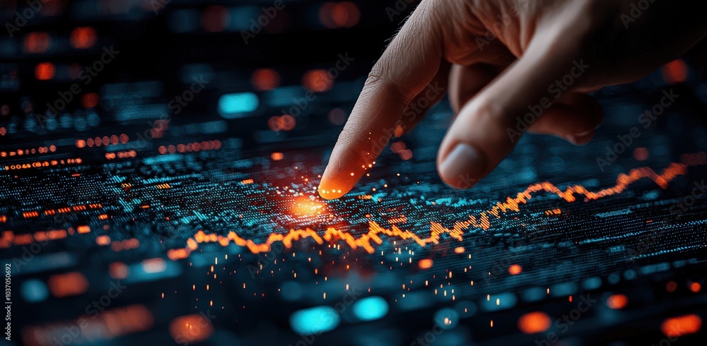 Hand pointing at a stock market growth graph going up on a blue digital background with binary code, a white arrow pointing upwards Hand pointing at a stock market growth graph going up on a blue digital background with binary code, a white arrow pointing upwards