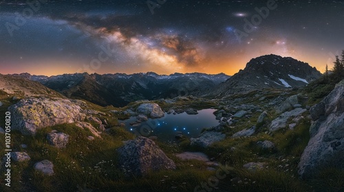 Starlit Serenity: A Captivating Panorama of the Milky Way Over Majestic Mountain Peaks at Dusk, Reflecting in a Tranquil Alpine Lake