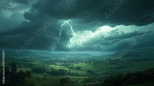 Epic Storm Over Rolling Hills: A Dramatic Landscape Illuminated by Lightning Amidst Dark, Ominous Clouds, Capturing Nature's Power in a Lush Green Valley.