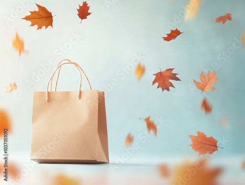 Pink shopping bag on a blue background among falling autumn leaves with free space for text. vector illustration. For product presentation, sales design, discounts, promotions, purchases, offers, flye photo