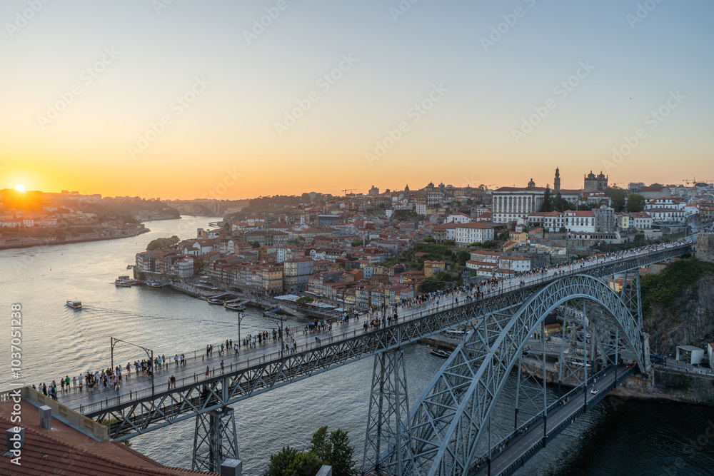 Porto City, Douro River and Dom Luis bridge I. View from Famous Tourist Viewpoint Miradouro da Serra do Pilar at Sunset. Portugal Porto City, Douro River and Dom Luis bridge I. View from Famous Tourist Viewpoint Miradouro da Serra do Pilar at Sunset. Portugal