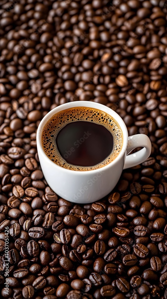 Fototapeta premium Freshly Brewed Coffee Aroma Emanating from a Cup Surrounded by Rich Roasted Coffee Beans