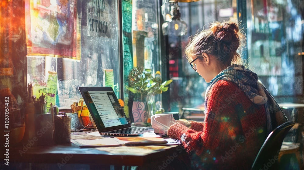 Cozy Coffee Shop Vibes: A Young Woman Focused on Her Laptop Surrounded by Greenery and Natural Light, Perfect for Creative Inspiration and Productivity. Cozy Coffee Shop Vibes: A Young Woman Focused on Her Laptop Surrounded by Greenery and Natural Light, Perfect for Creative Inspiration and Productivity.