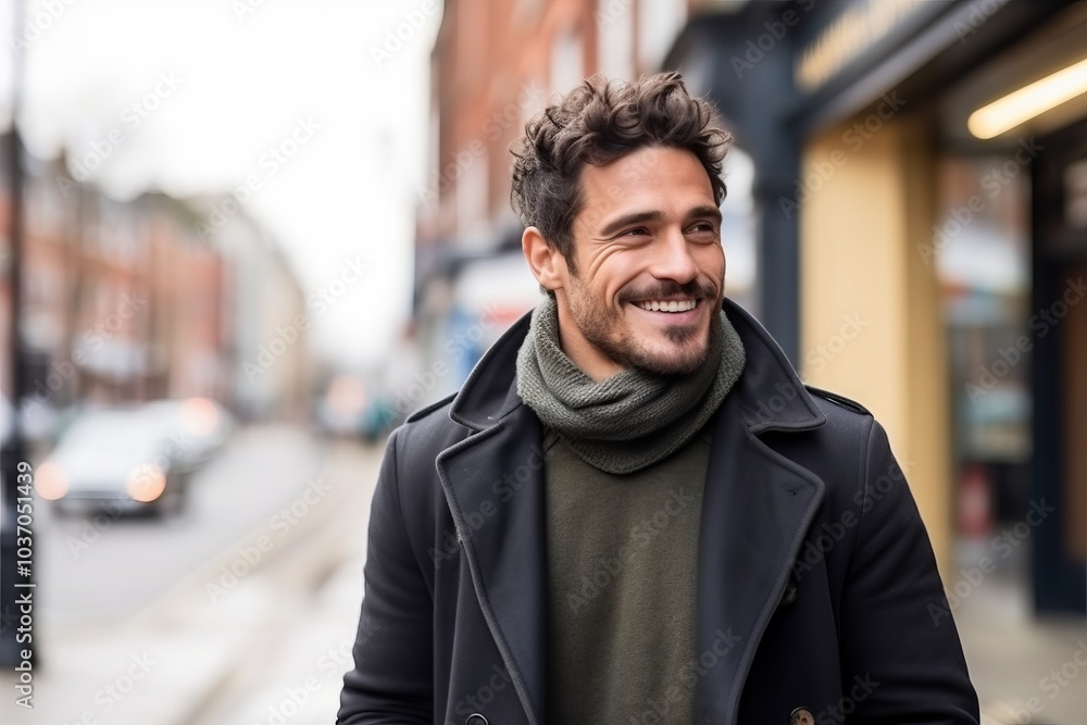 Portrait of a handsome young man in a city street wearing a coat Portrait of a handsome young man in a city street wearing a coat