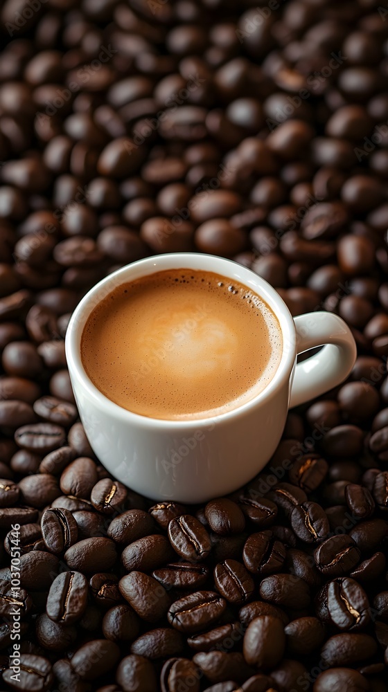 Freshly Brewed Coffee in a Cup Surrounded by Roasted Coffee Beans Freshly Brewed Coffee in a Cup Surrounded by Roasted Coffee Beans