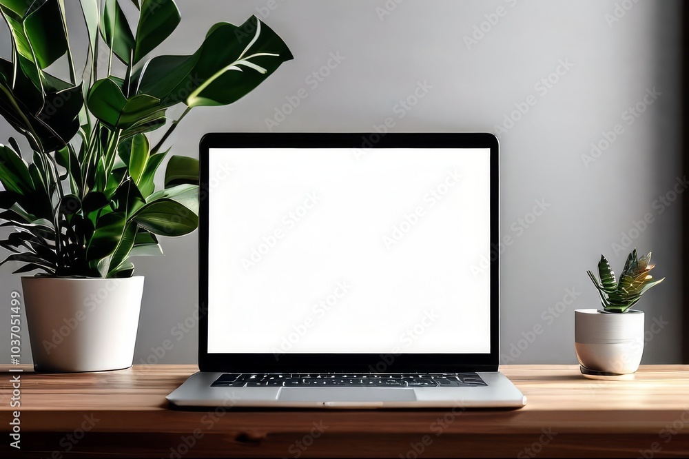 Fototapeta premium clean, white, free laptop monitor, with free space for text, on a desk on a light colored background with a houseplant on the desk, photo. Presentation, advertisement, contacts, template