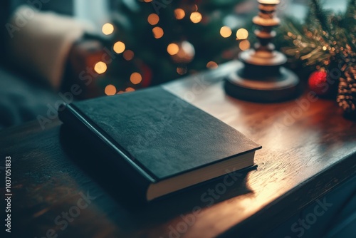 A cozy winter evening with a closed leather-bound book on a wooden table by warm candlelight