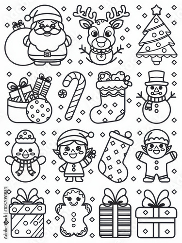 A festive collection of Christmas-themed line drawings, featuring Santa, reindeer, a tree, snowman, stockings, and various holiday gifts.