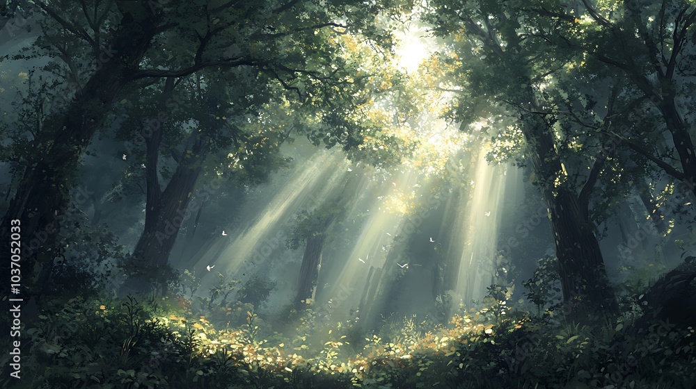 Obraz premium An enchanted forest canopy with beams of light piercing through the leaves