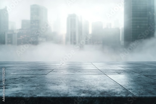 Ground level angle view, surface of weathered steel, with a cinematic surrounding of fog-covered industrial cityscape, soft silver lighting, and muted gray tones, highlighting copy space, ad promo  photo