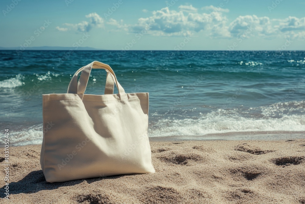 A sunny beach scene with a canvas tote bag resting on the sand near gentle waves in the afternoon A sunny beach scene with a canvas tote bag resting on the sand near gentle waves in the afternoon