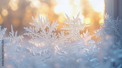 Beautiful Frost Patterns on Window Illuminated by Morning Light