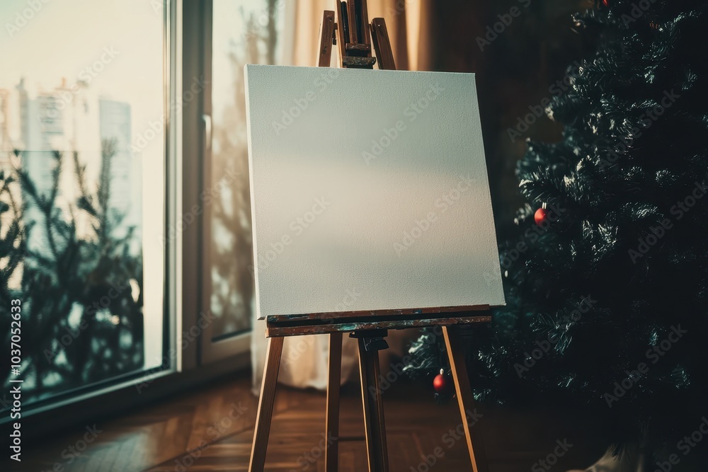 A blank canvas on an easel beside a decorated Christmas tree in a sunlit room A blank canvas on an easel beside a decorated Christmas tree in a sunlit room