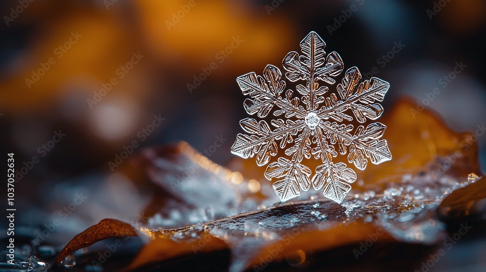 Stunning Close-Up of a Unique Snowflake on a Leaf in Natural Light Stunning Close-Up of a Unique Snowflake on a Leaf in Natural Light