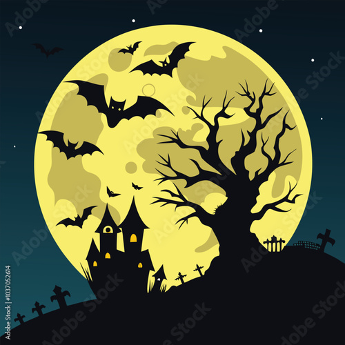 Full Moon Halloween Scene with Bats